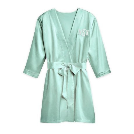 Women's Personalized Embroidered Satin Robe With Pockets - Mint Green