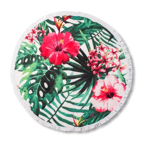 Personalized Round Beach Towel - Tropical Hibiscus Pattern