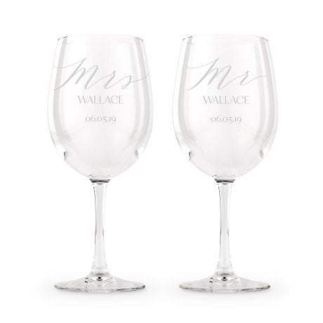 Large Personalized Stemmed Wine Glass Set - Mr. And Mrs. Engraving