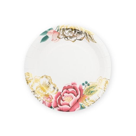 Small Round Disposable Paper Party Plates - Modern Floral - Set Of 8