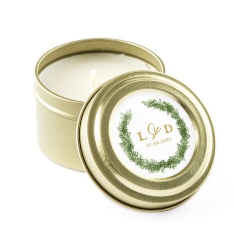 Personalized Gold Tin Candle Wedding Favor - Love Wreath Monogram
