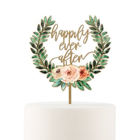 Natural Wood Cake Topper Decoration - Floral Happily Ever After