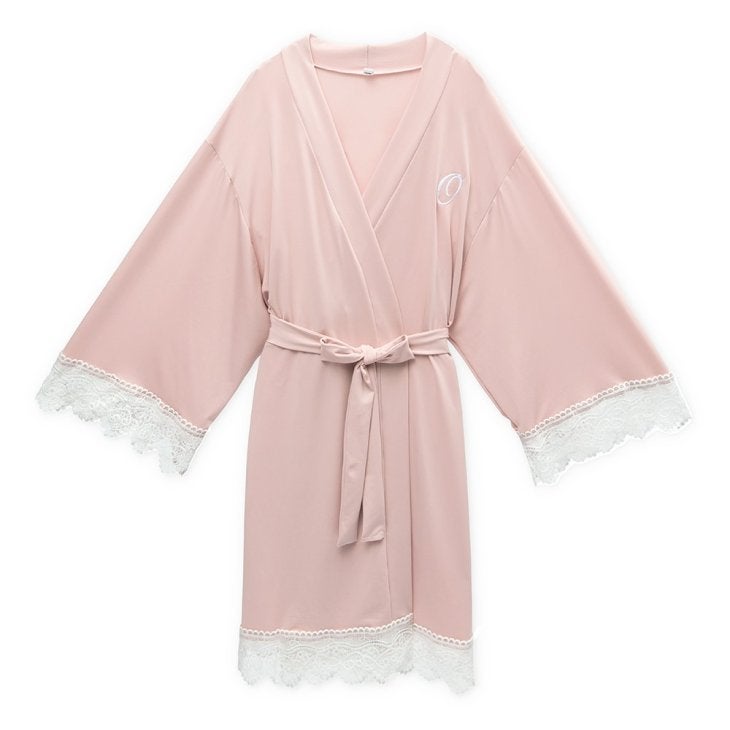 Women's Personalized Jersey Knit Robe With Lace Trim - Blush Pink