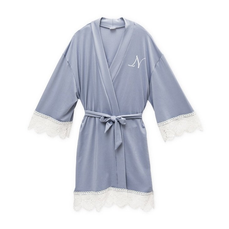 Personalized Junior Bridesmaid Jersey Knit Robe With Lace Trim - Powder Blue