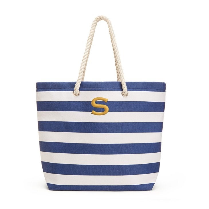 Personalized Extra-Large Cabana Stripe Canvas Fabric Tote Bag - Navy