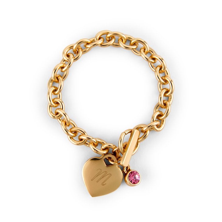 Personalized Charm Bracelet With Gemstone - Gold Heart