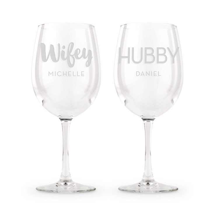 Large Personalized Stemmed Wine Glass Set - Wifey And Hubby Engraving