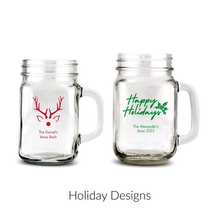 Personalized 12 or 16 oz. Mason Jar Drinking Glass Favor - Holiday
