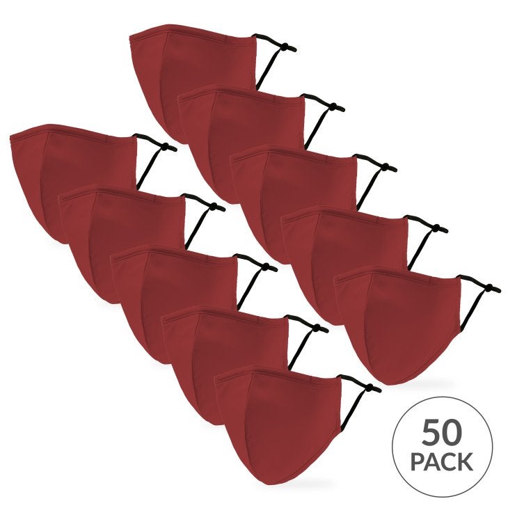 50-Pack Adult Reusable, Washable 3 Ply Cloth Face Masks With Filter Pockets - Red