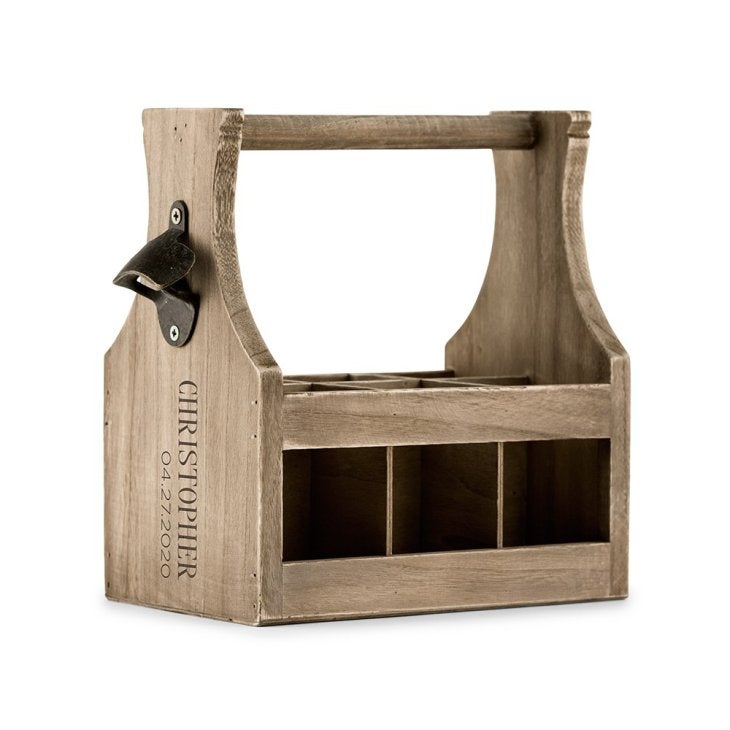 Personalized Wooden Beer Bottle Caddy With Opener - Vertical Etching