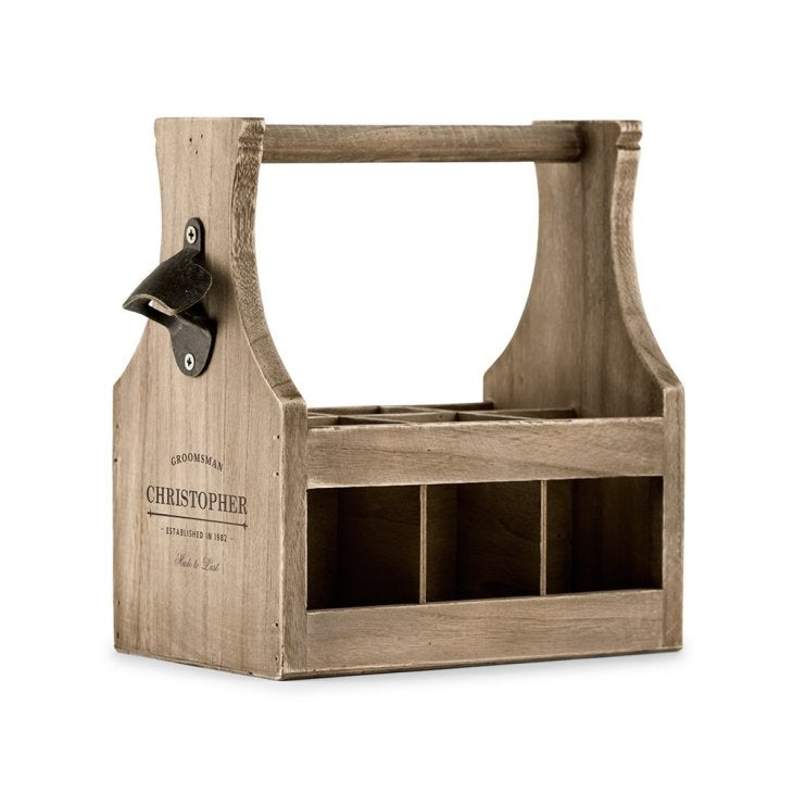 Personalized Wooden Beer Bottle Caddy With Opener - Groomsman Etching