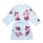 Women's Personalized Embroidered Floral Satin Robe With Pockets - Light Blue And Red Blissful Blooms