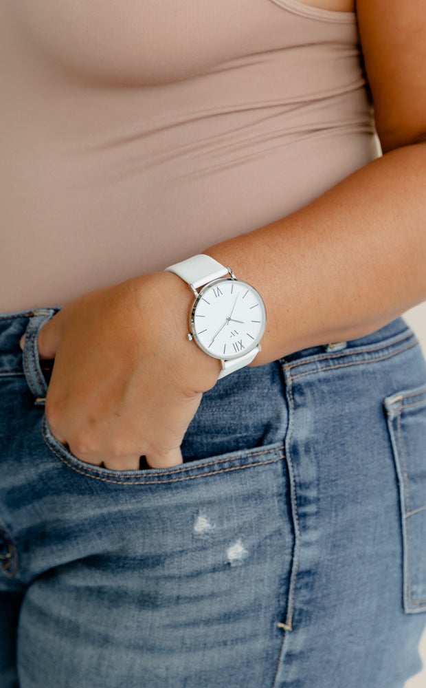 Category Slider - Engraved White Wristwatch With Leather Strap