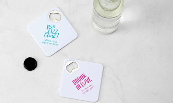 Personalized Plastic Drink Coaster Favor with Bottle Opener